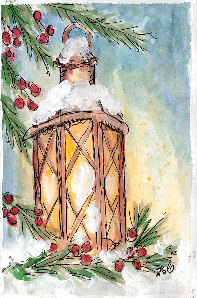 Christmas Lantern with Holly Note Card or Greeting Card