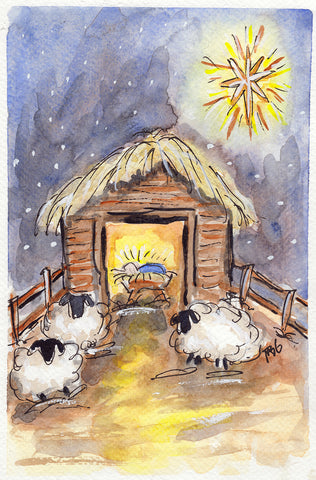 Nativity Scene with Sheep 03 Note Card or Greeting Card