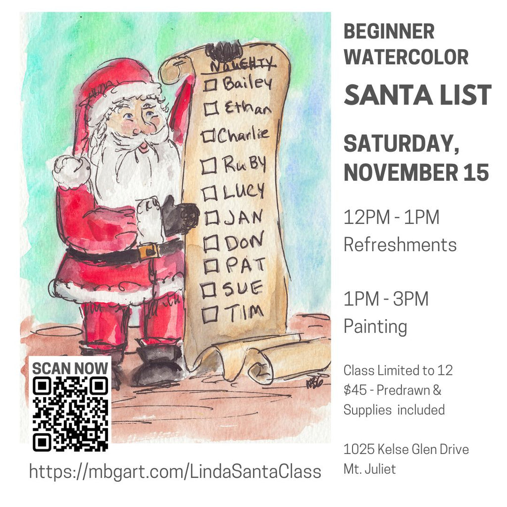 Art Classes - Beginner Watercolor Santa's List at  Linda's in Mt. Juliet